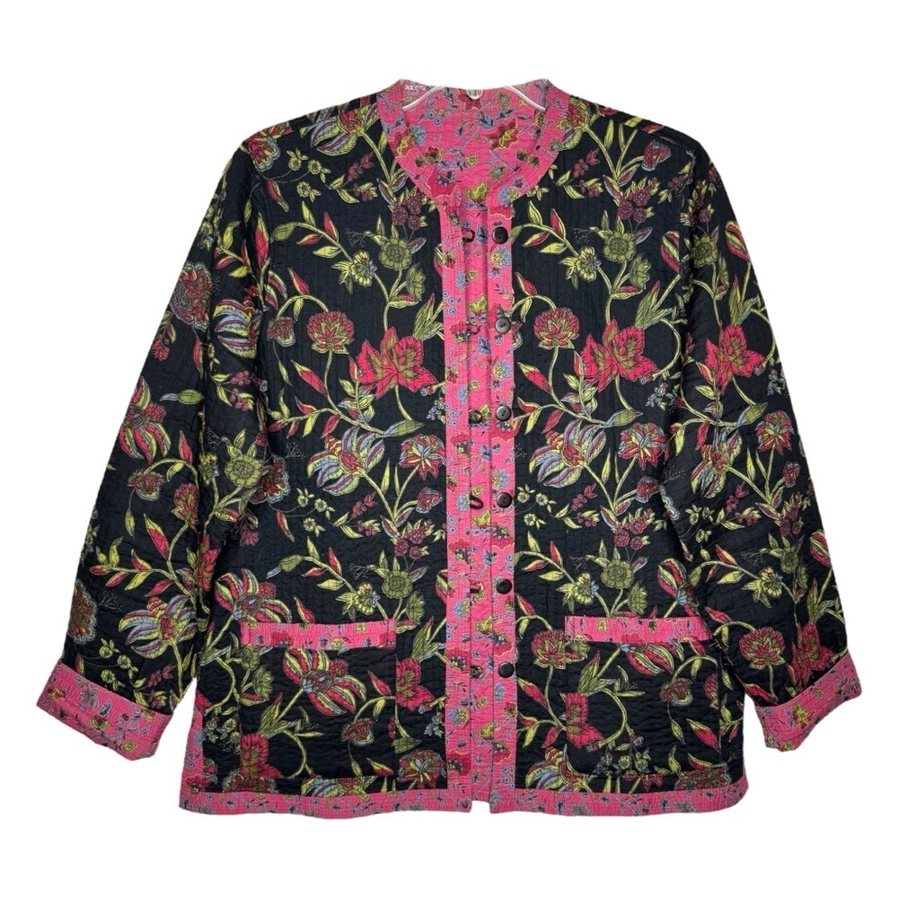 Reversible Black, Pink, Red, Breen, Blue Floral Quilted Cotton Jacket - Size L
